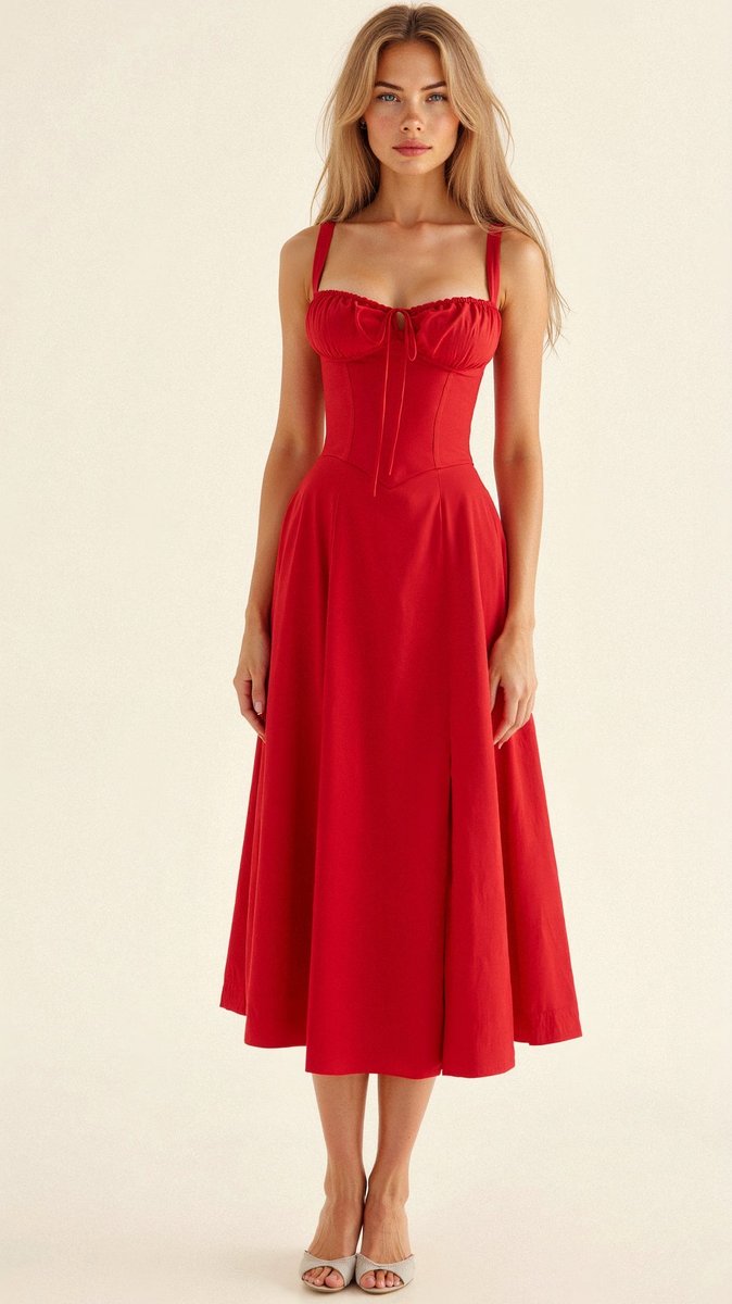 Women's Floral Corset Midi Dress Satin Bustier A-Line - Red