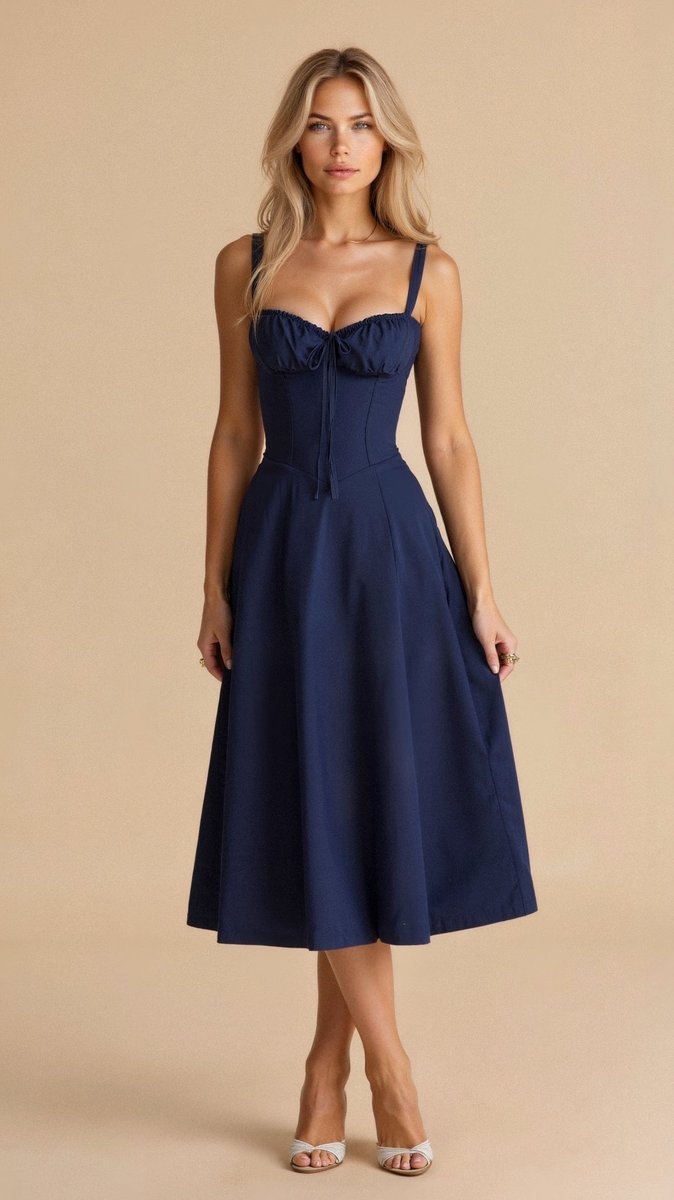 Women's Floral Corset Midi Dress Satin Bustier A-Line - Navy Blue