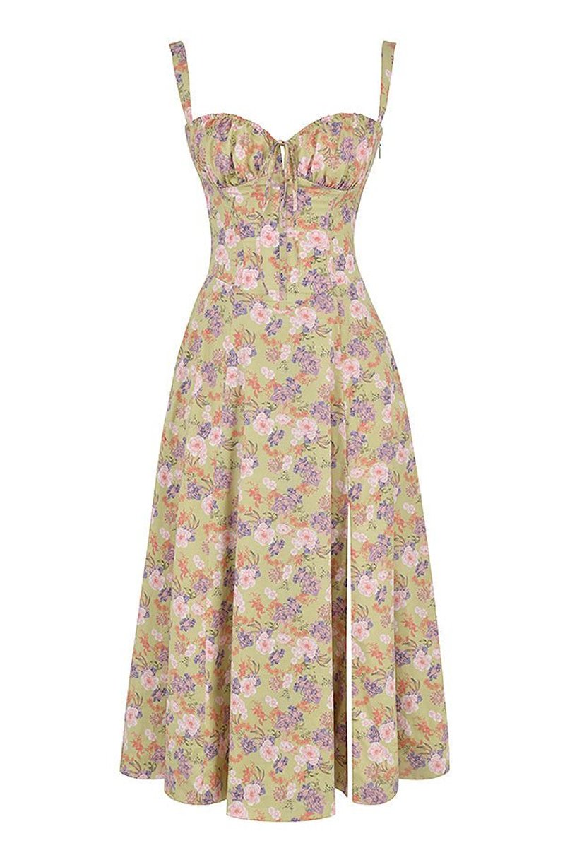 Women's Floral Corset Midi Dress Satin Bustier A-Line