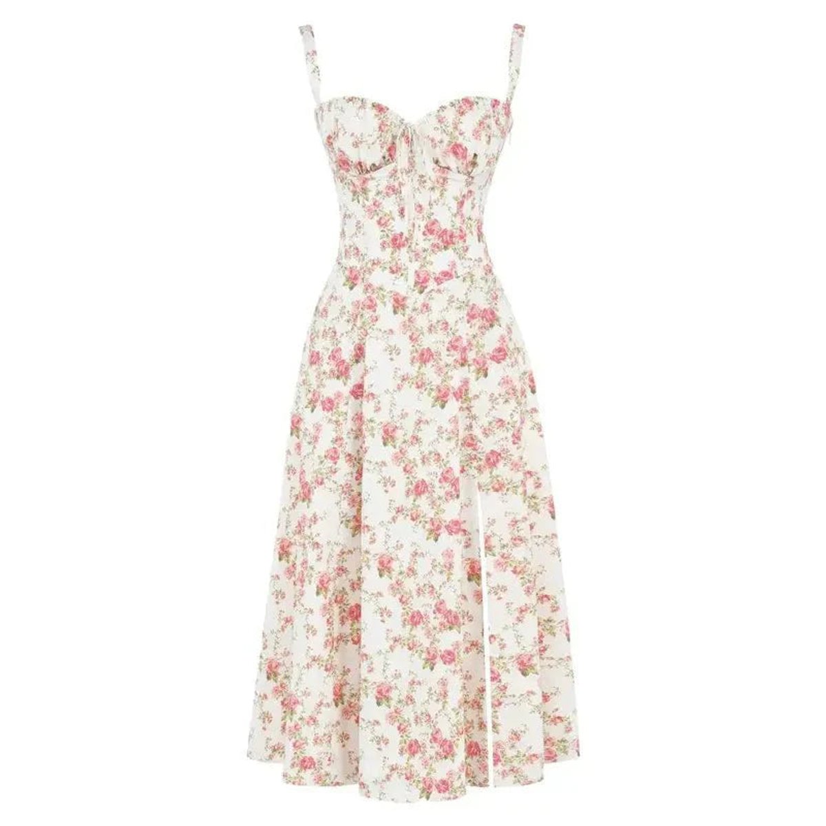 Women's Floral Corset Midi Dress Satin Bustier A-Line