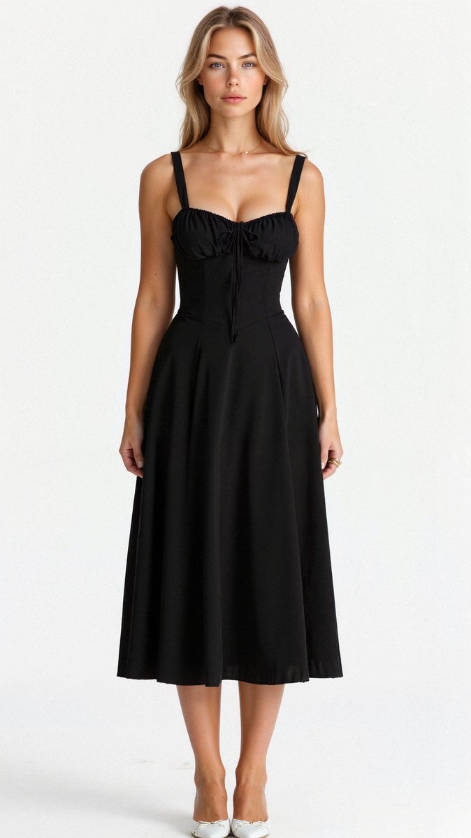Women's Floral Corset Midi Dress Satin Bustier A-Line - Black