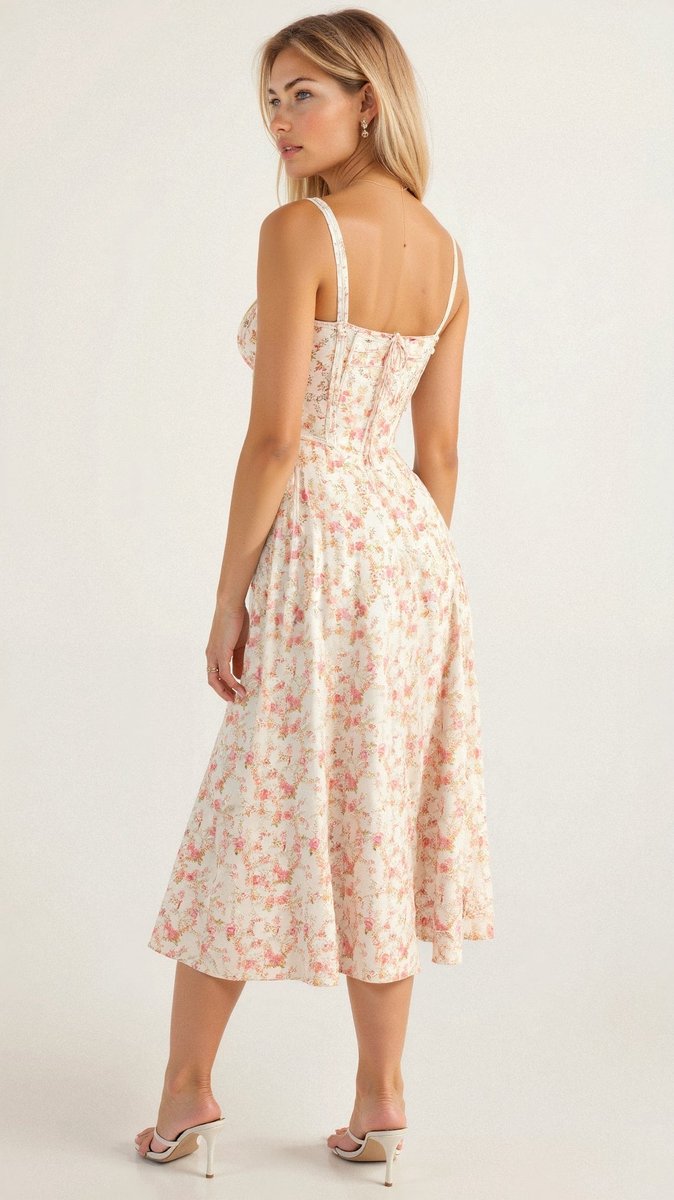 Women's Floral Corset Midi Dress Satin Bustier A-Line