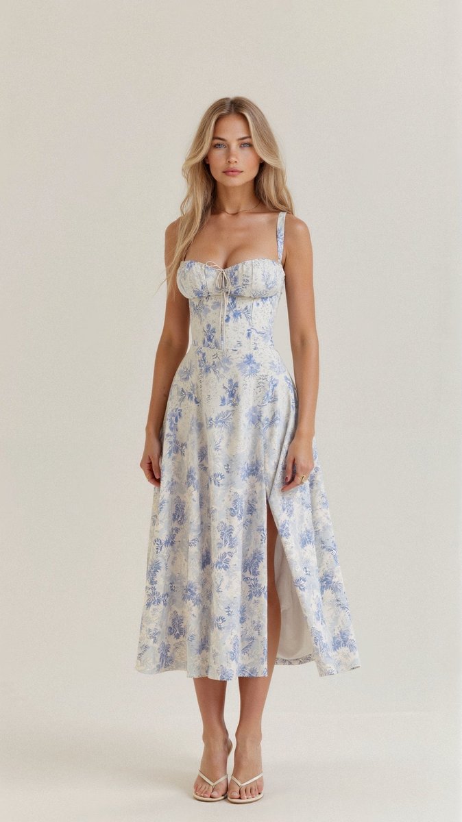 Women's Floral Corset Midi Dress Satin Bustier A-Line - Blue