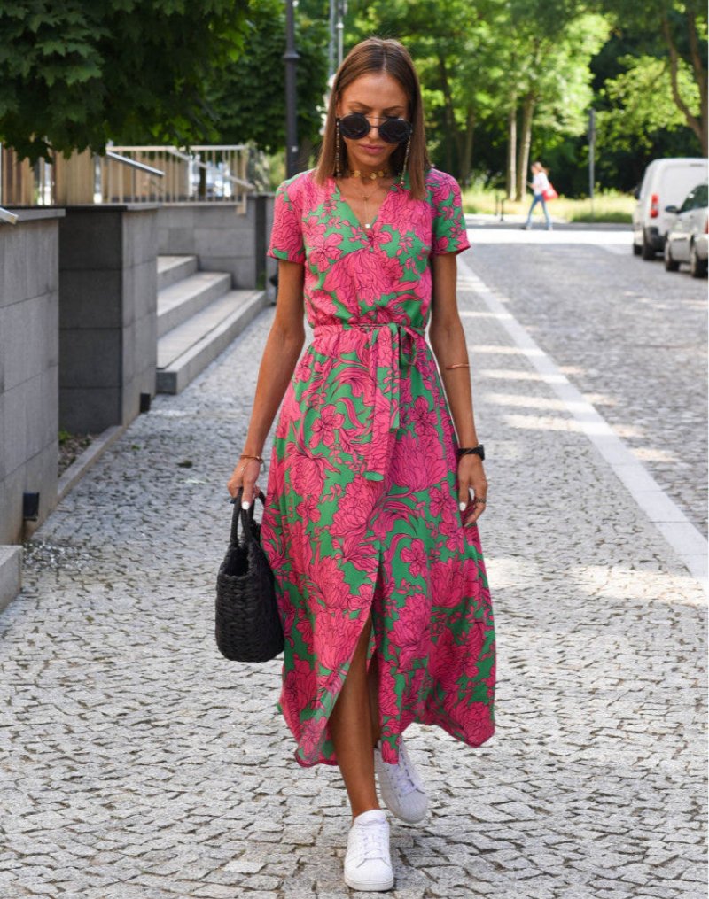 Women's Floral Cotton Wrap V-Neck Tie-Waist Midi Dress - Dark Pink