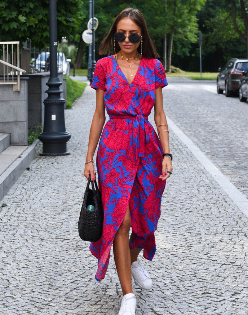 Women's Floral Cotton Wrap V-Neck Tie-Waist Midi Dress - Red