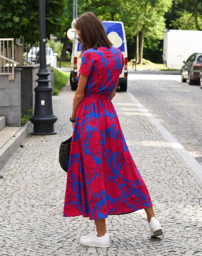 Women's Floral Cotton Wrap V-Neck Tie-Waist Midi Dress