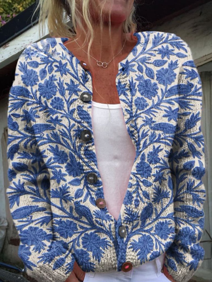 Women's Floral Embroidered Button-Up Knit Cardigan - Style 1