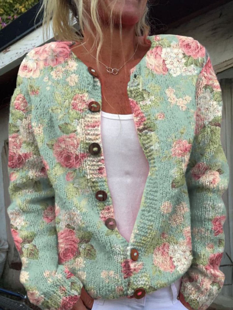 Women's Floral Embroidered Button-Up Knit Cardigan - Style 6