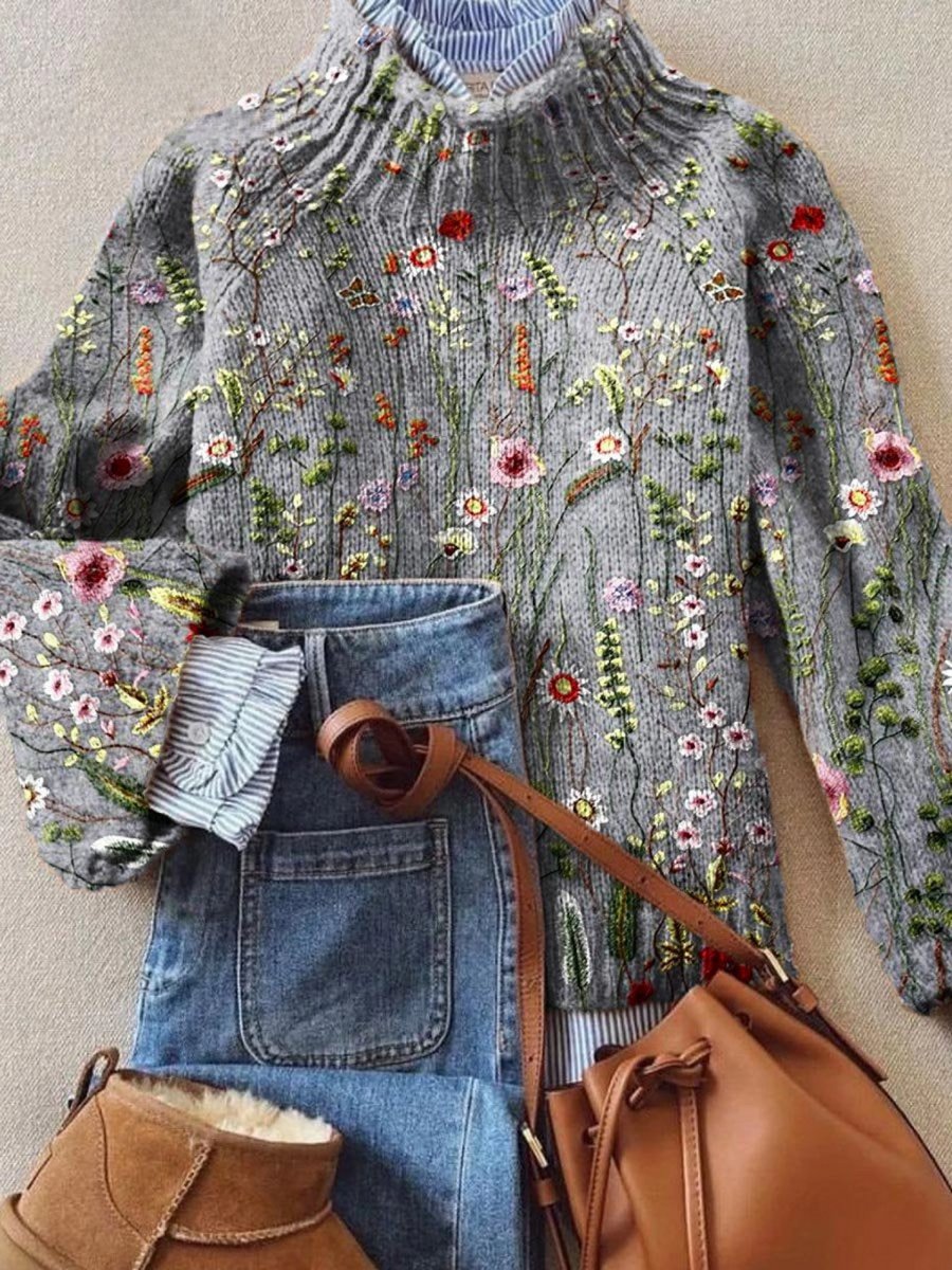 Women's Floral Embroidered Turtleneck Sweater Relaxed Knit Jumper - Multicolour