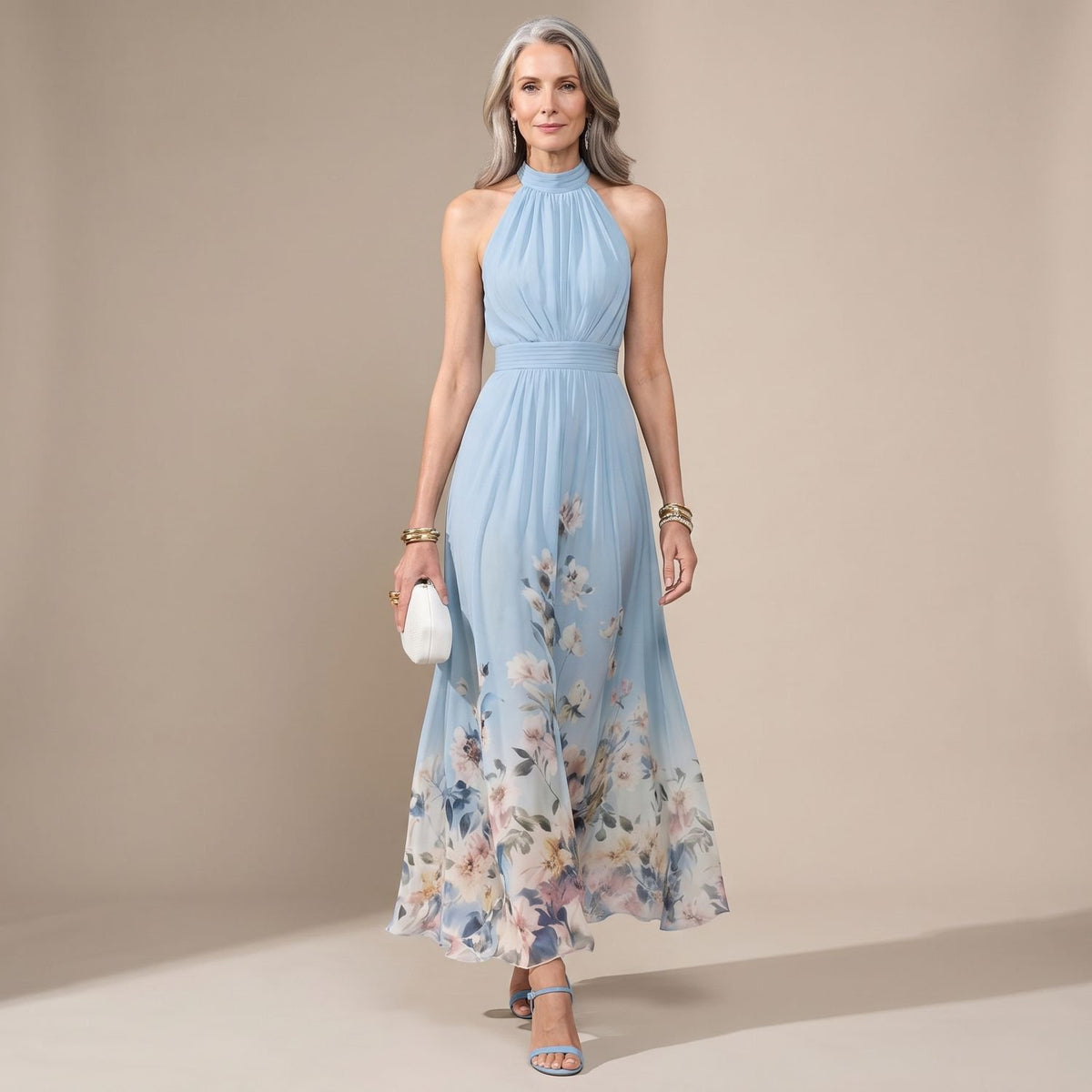 Women's Floral Halter-Neck Sleeveless A-Line Maxi Dress