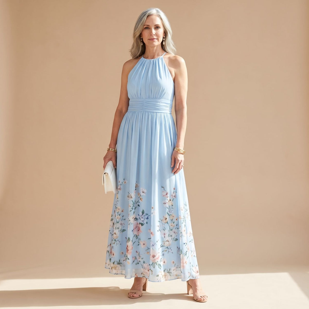 Women's Floral Halter-Neck Sleeveless A-Line Maxi Dress