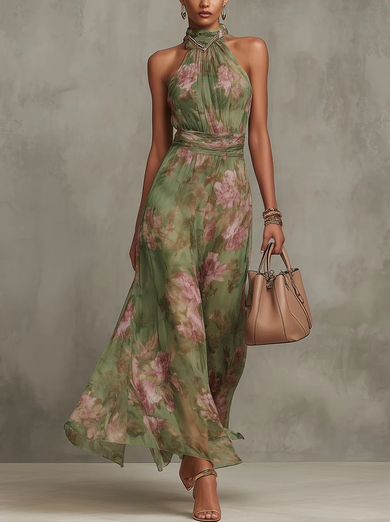 Women's Floral Halter Neck Sleeveless Chiffon Maxi Dress - Green