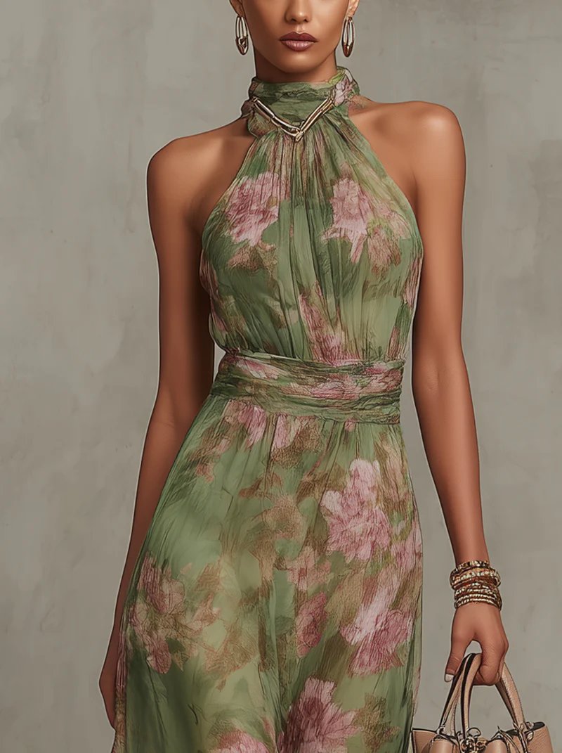 Women's Floral Halter Neck Sleeveless Chiffon Maxi Dress