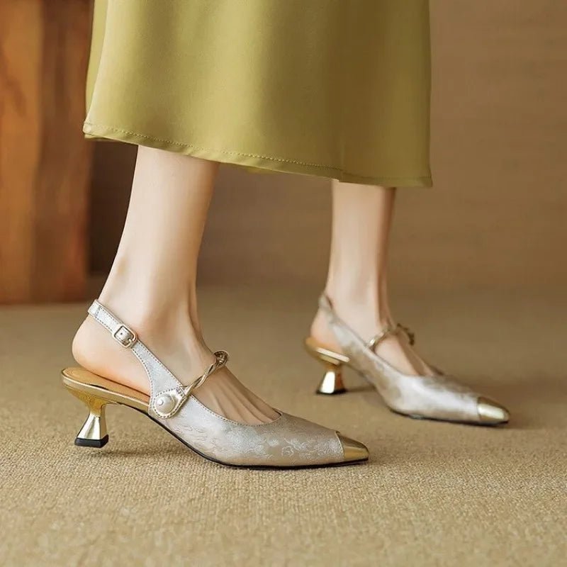 Women's Floral Jacquard Pointed-Toe Kitten Heel Slingback Sandals - Beige