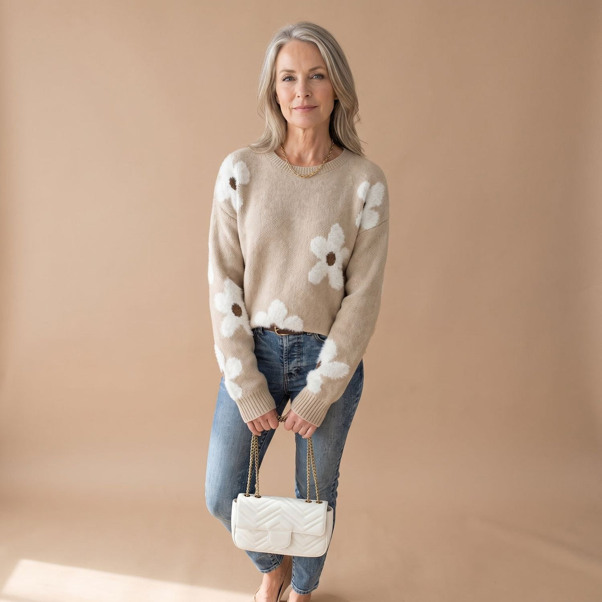 Women's Floral Jacquard Relaxed-Fit Round-Neck Knit Sweater - Beige