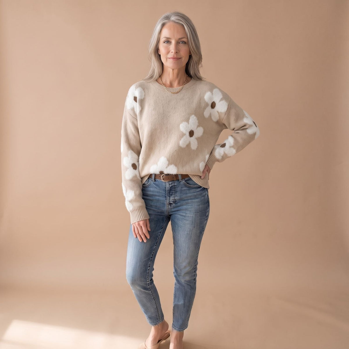 Women's Floral Jacquard Relaxed-Fit Round-Neck Knit Sweater