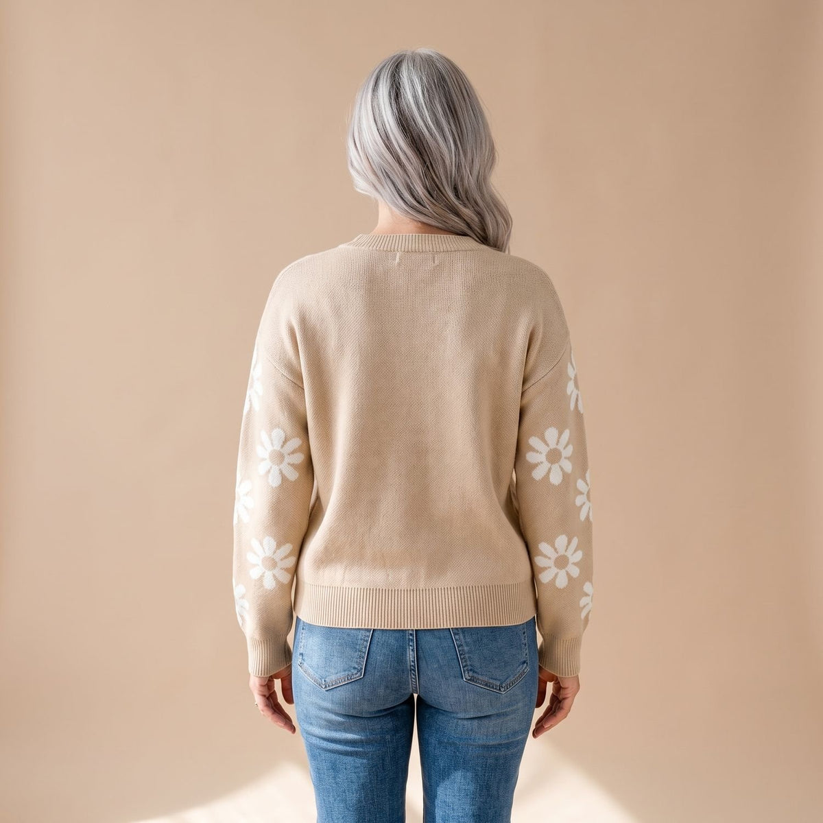 Women's Floral Jacquard Relaxed-Fit Round-Neck Knit Sweater