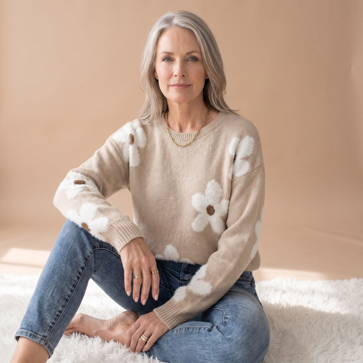Women's Floral Jacquard Relaxed-Fit Round-Neck Knit Sweater