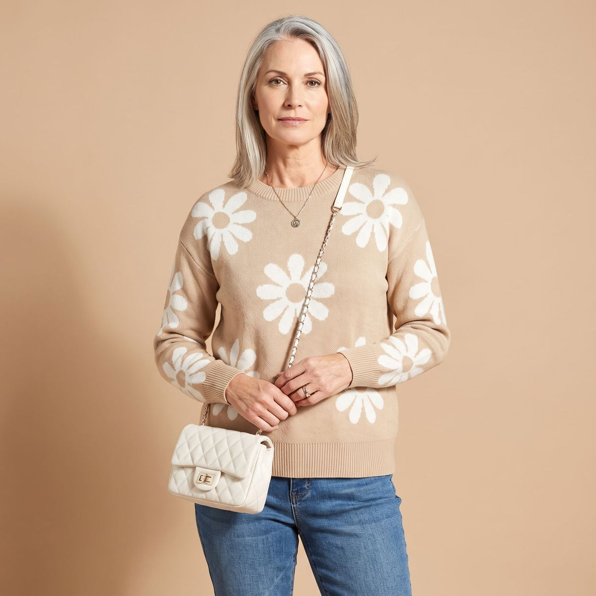 Women's Floral Jacquard Relaxed-Fit Round-Neck Knit Sweater