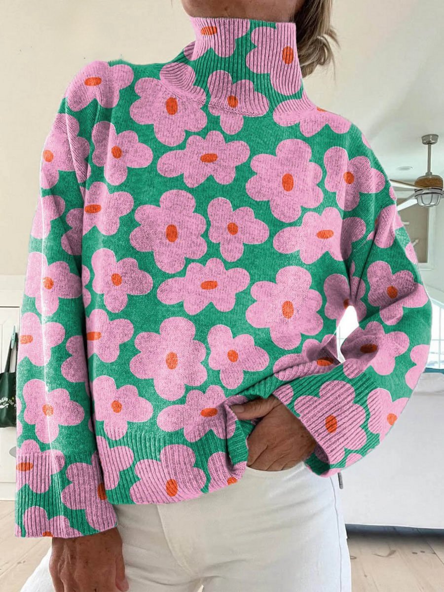 Women's Floral Knit Turtleneck Sweater Relaxed Fit - Multicolour