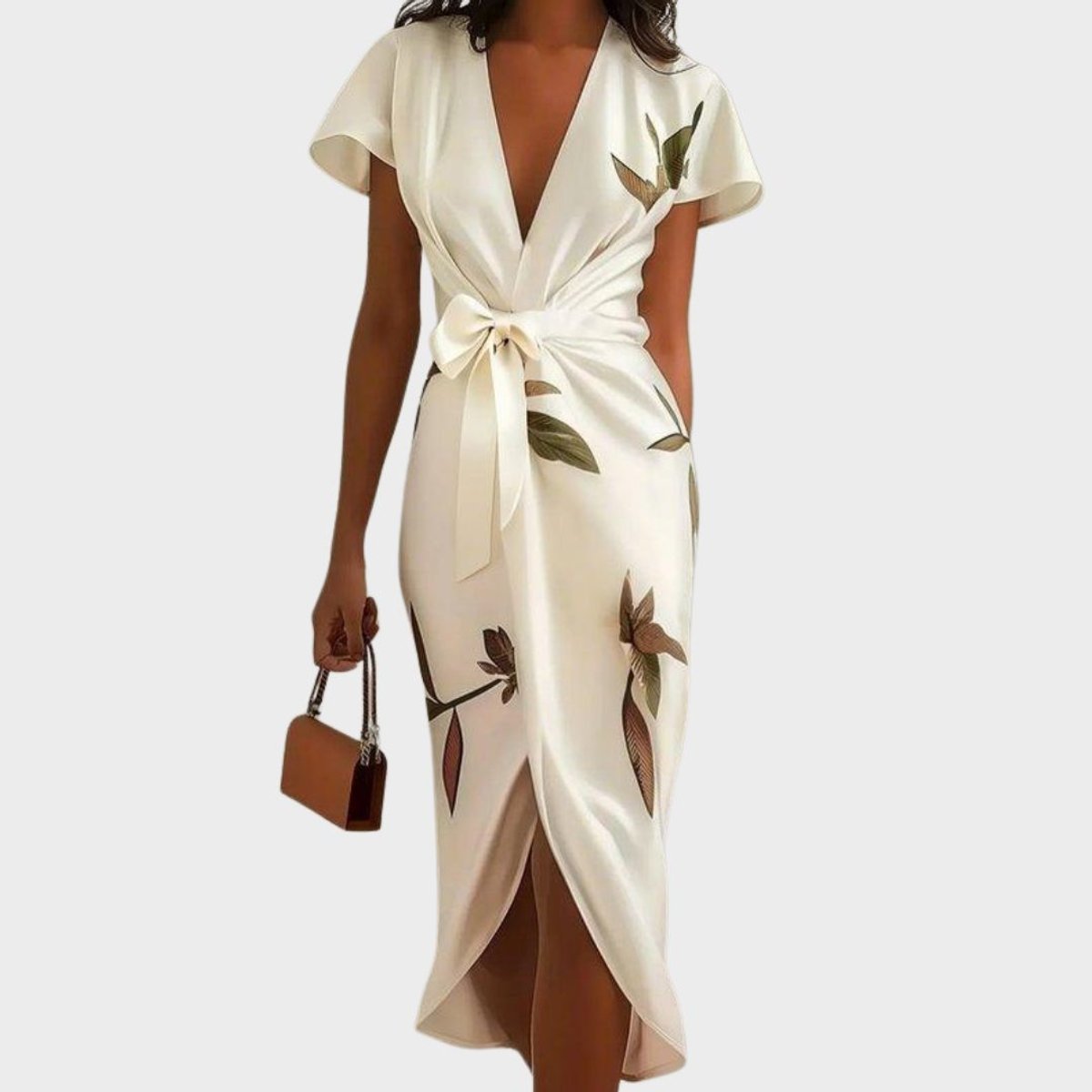 Women's Floral Leaf-Print V-Neck Belted Wrap Midi Dress