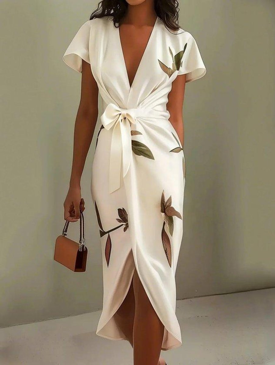 Women's Floral Leaf-Print V-Neck Belted Wrap Midi Dress - White
