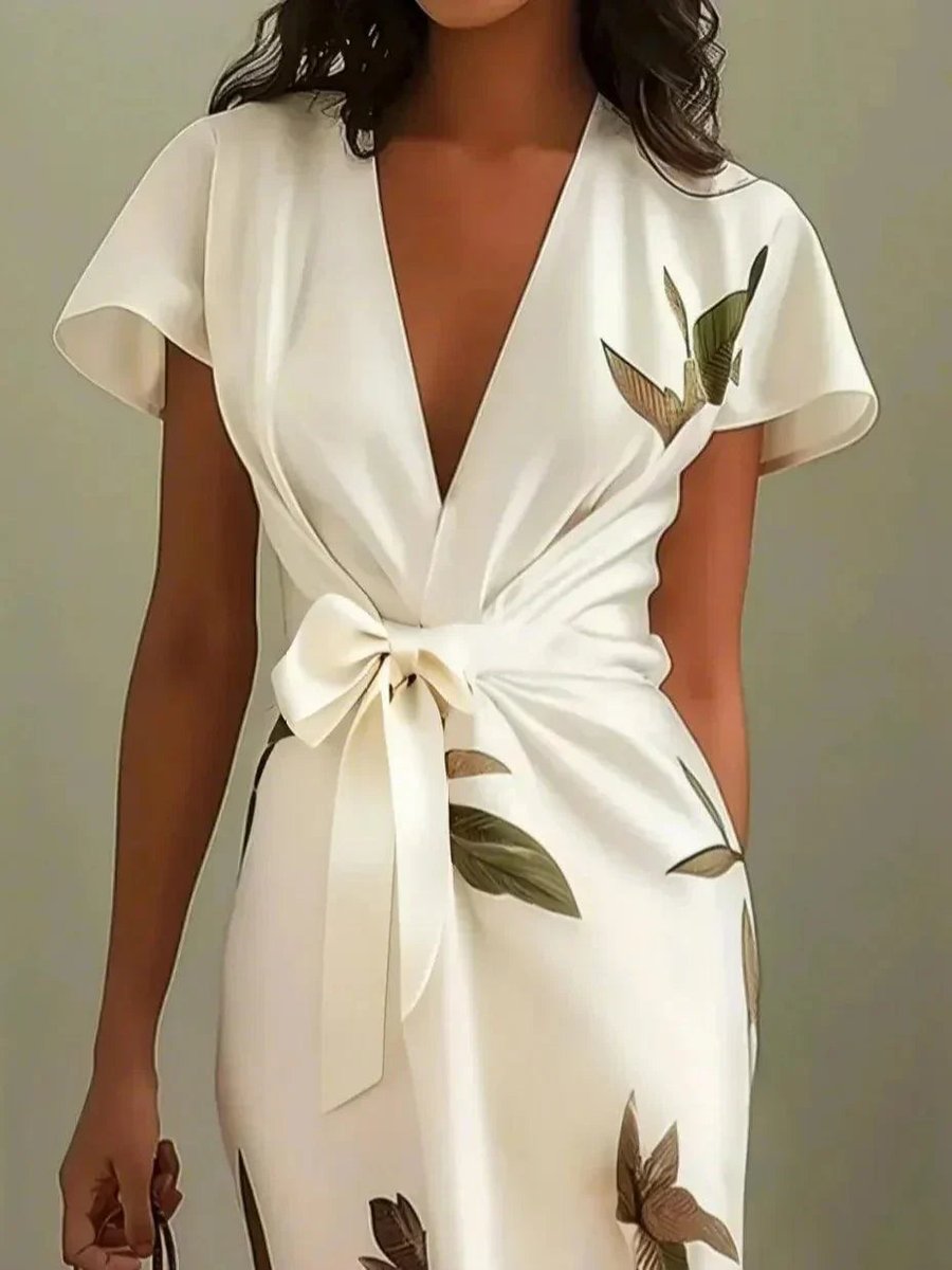 Women's Floral Leaf-Print V-Neck Belted Wrap Midi Dress