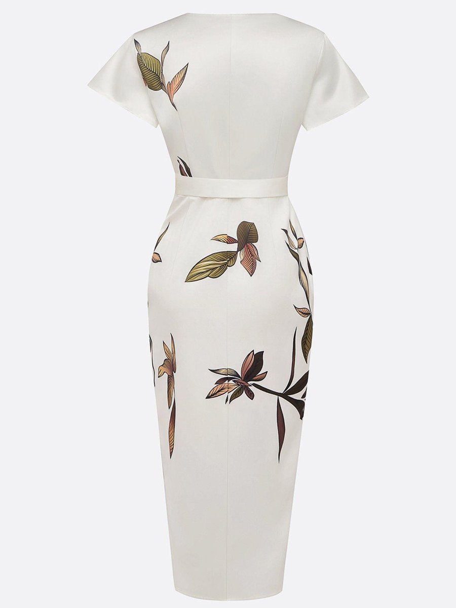 Women's Floral Leaf-Print V-Neck Belted Wrap Midi Dress