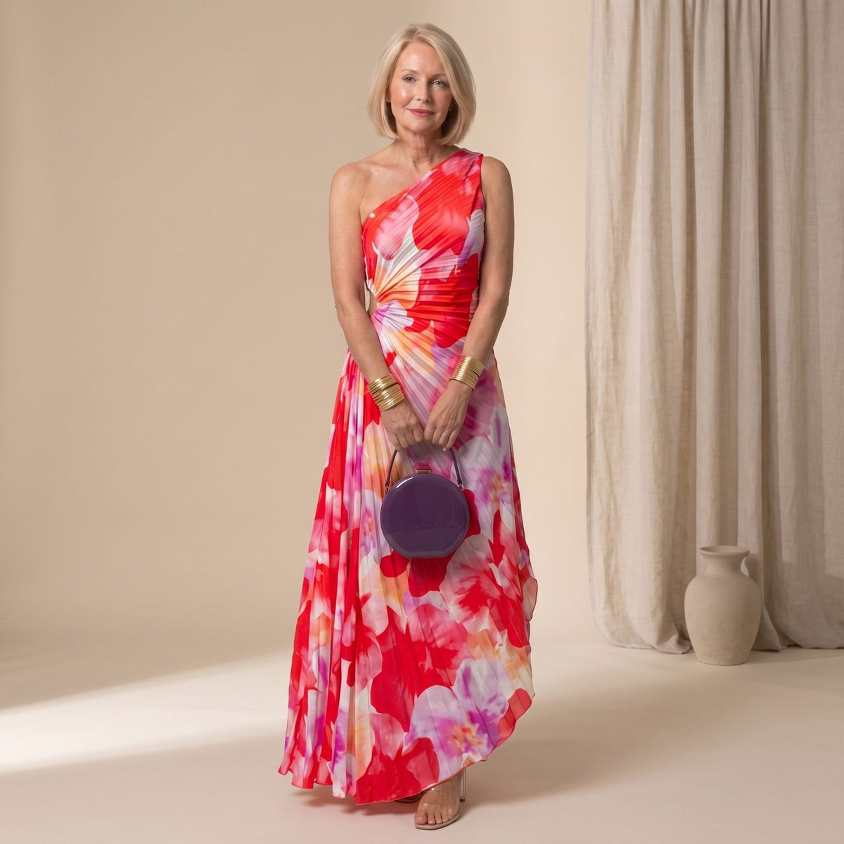 Women's Floral One-Shoulder Pleated Maxi Dress