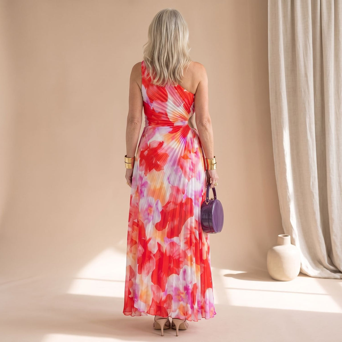 Women's Floral One-Shoulder Pleated Maxi Dress