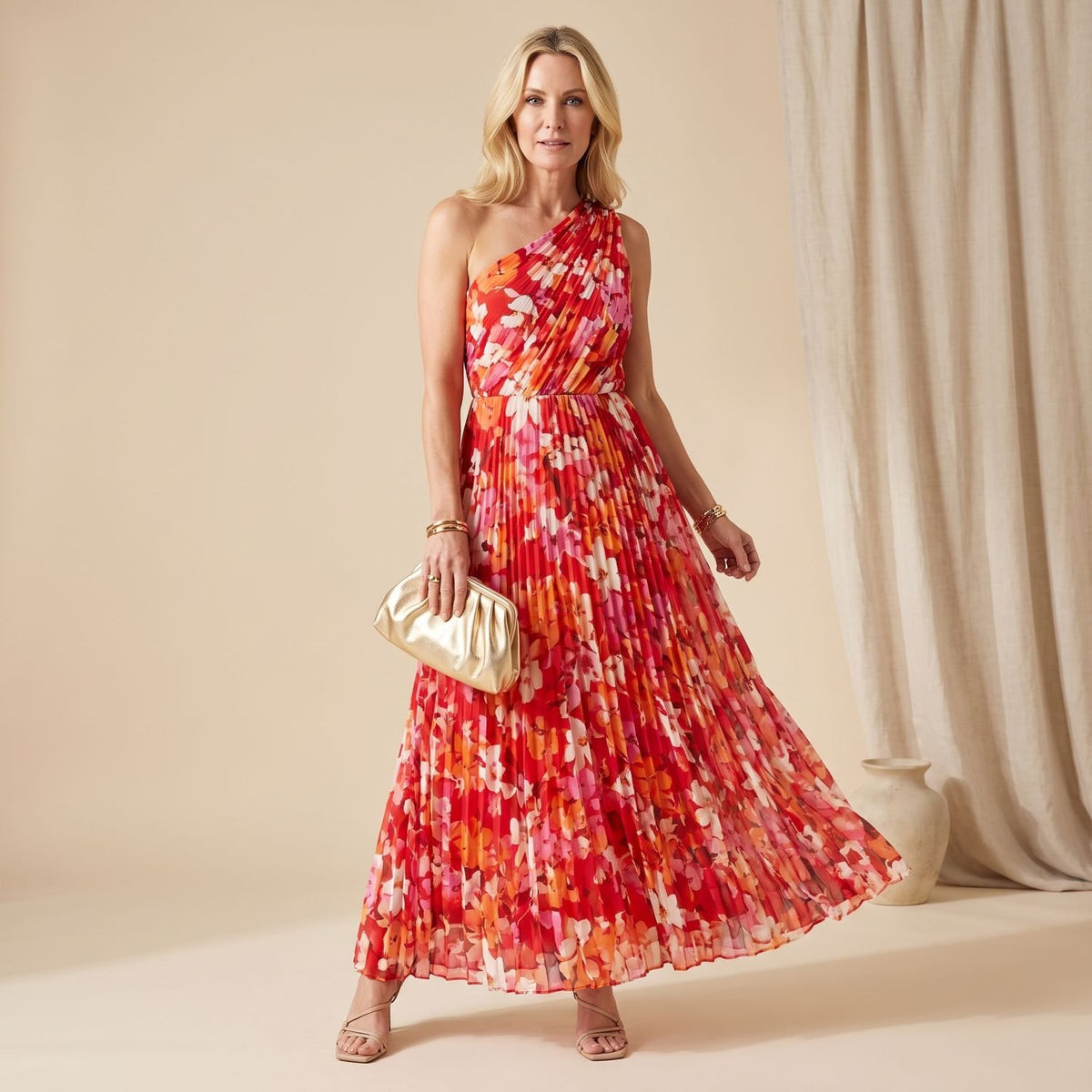Women's Floral One-Shoulder Pleated Maxi Dress