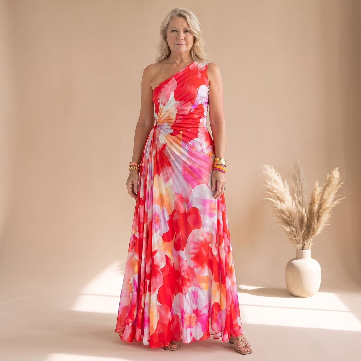 Women's Floral One-Shoulder Pleated Maxi Dress