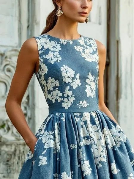 Women's Floral Pleated A-Line Sleeveless Midi Dress
