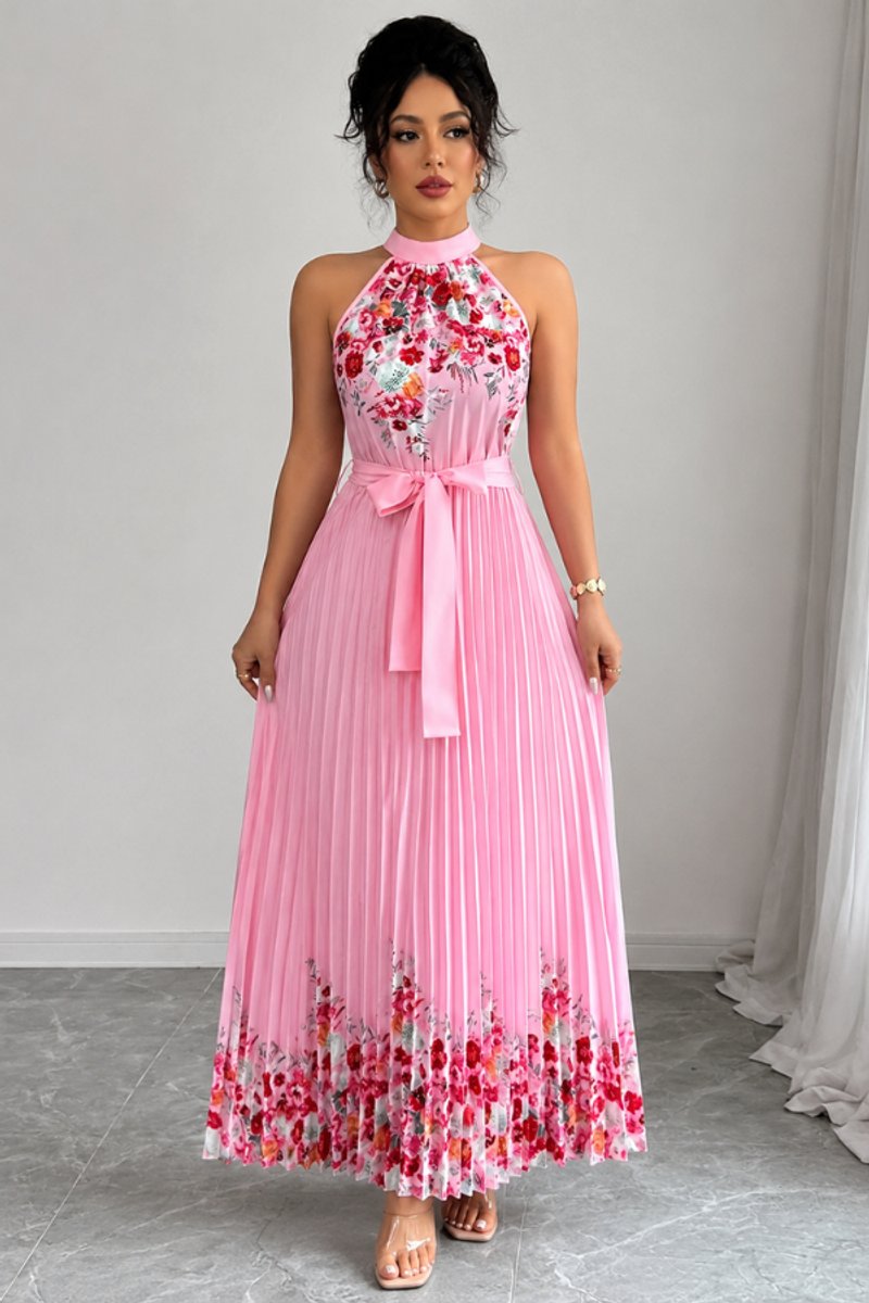 Women's Floral Pleated Halter Evening Gown Maxi Dress - Pink