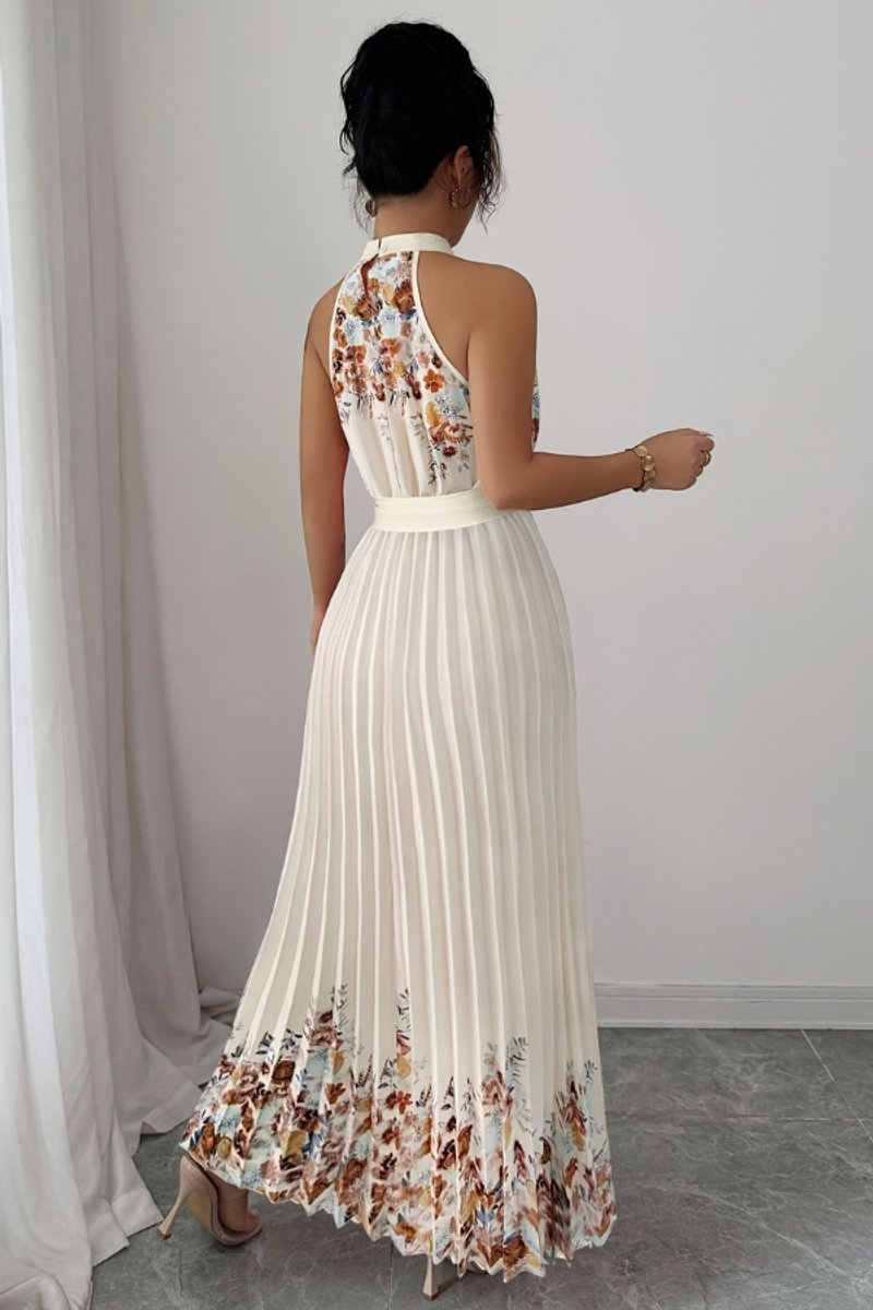 Women's Floral Pleated Halter Evening Gown Maxi Dress