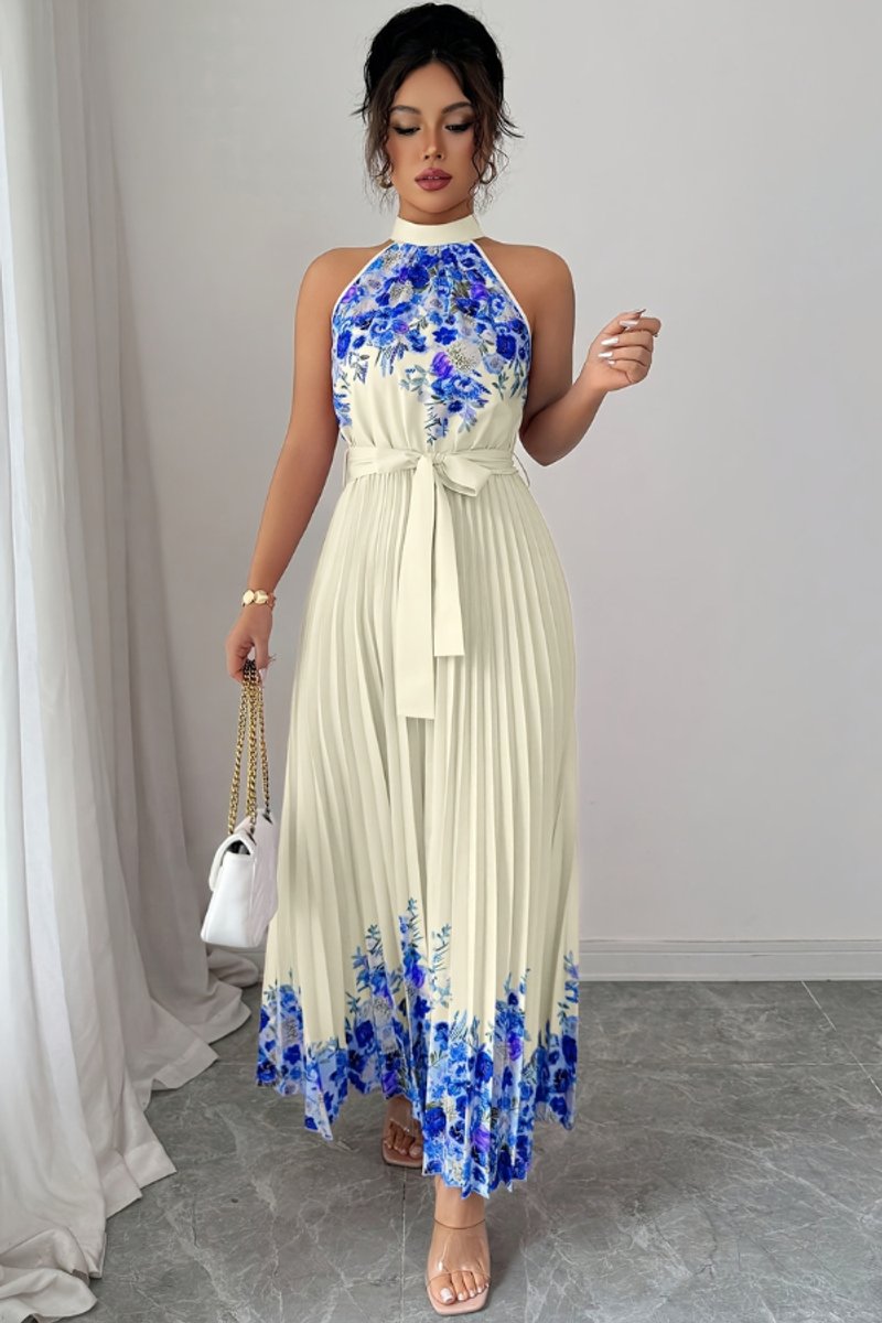 Women's Floral Pleated Halter Evening Gown Maxi Dress - Blue Floral