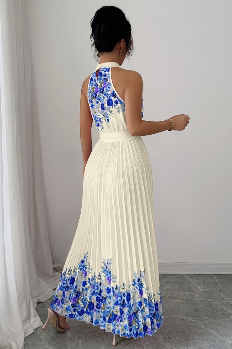 Women's Floral Pleated Halter Evening Gown Maxi Dress