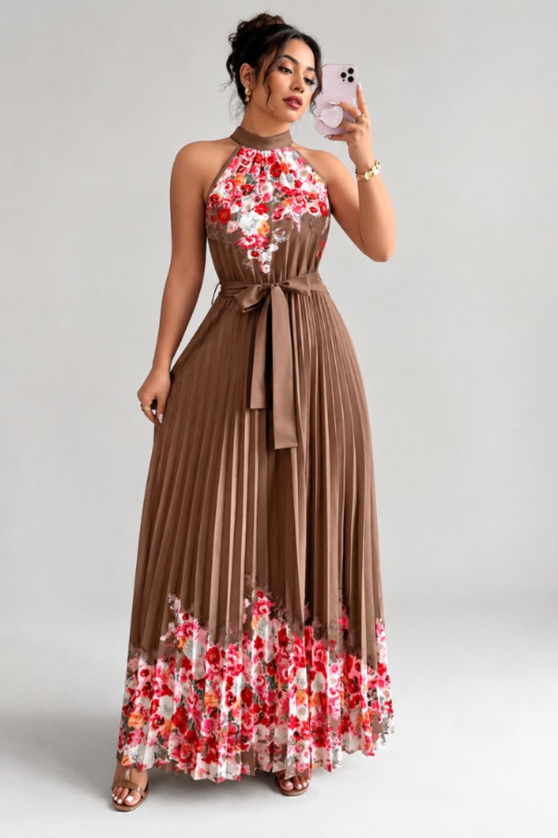 Women's Floral Pleated Halter Evening Gown Maxi Dress - Coffee Brown