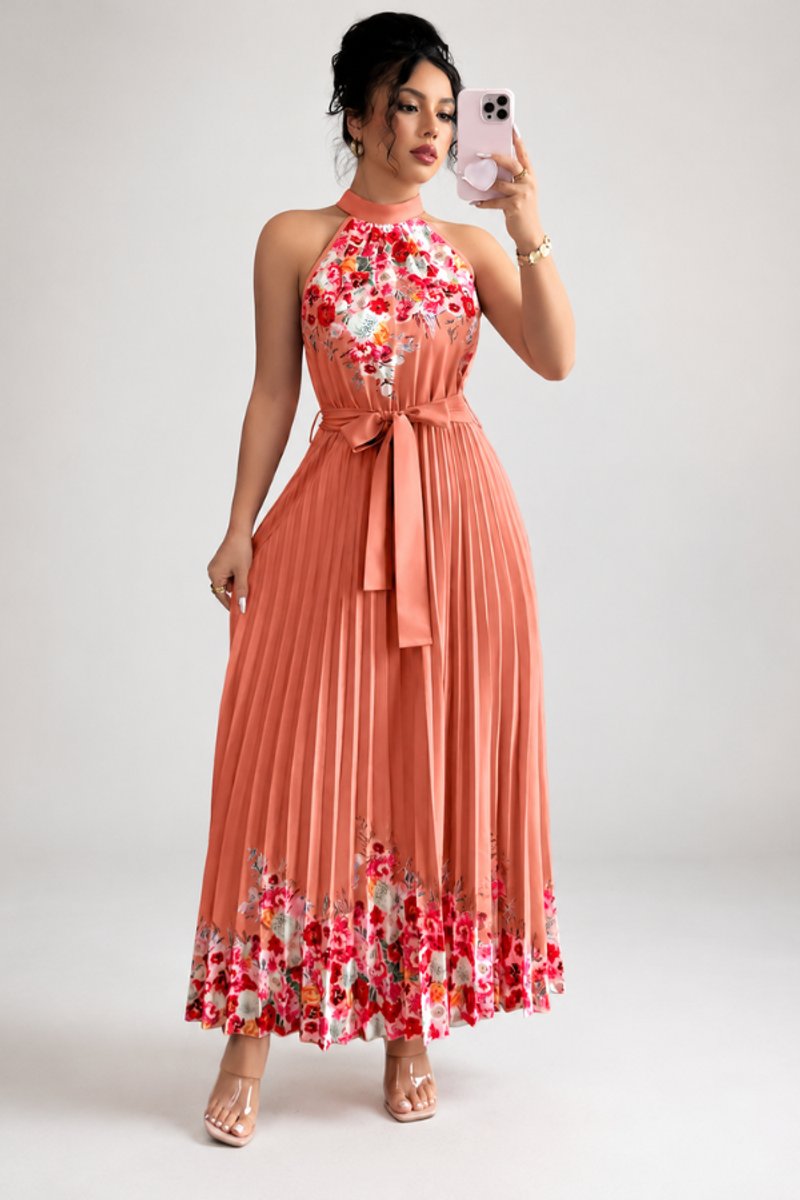 Women's Floral Pleated Halter Evening Gown Maxi Dress - Watermelon Red