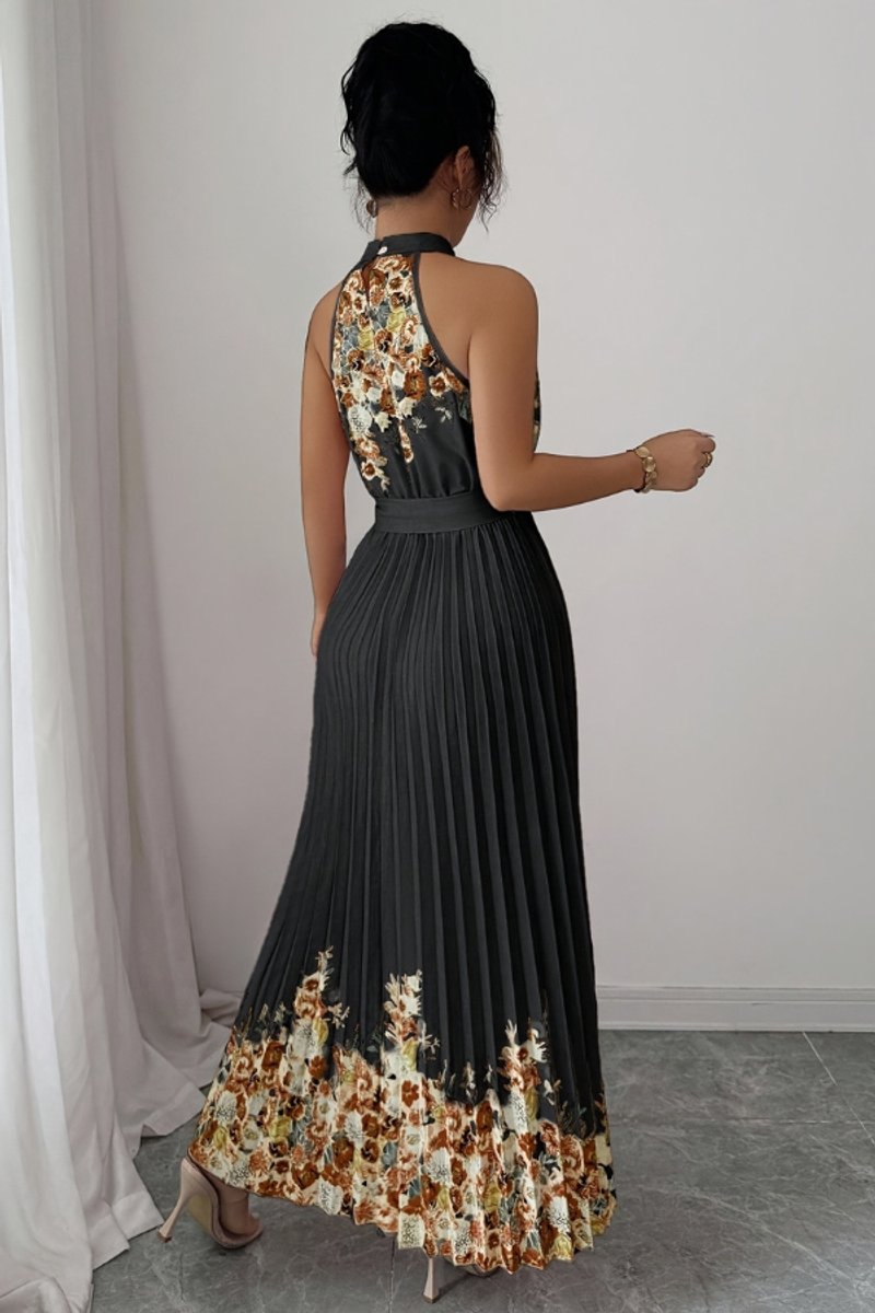Women's Floral Pleated Halter Evening Gown Maxi Dress