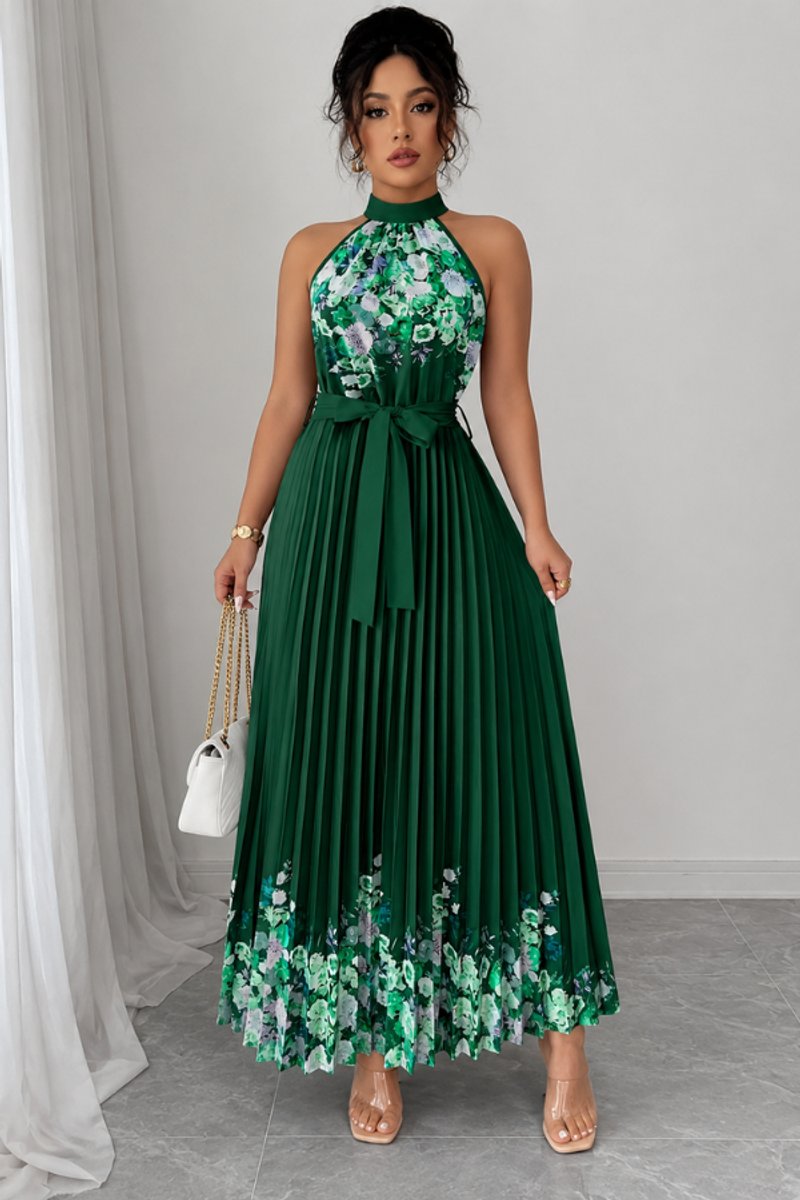 Women's Floral Pleated Halter Evening Gown Maxi Dress - Dark Green