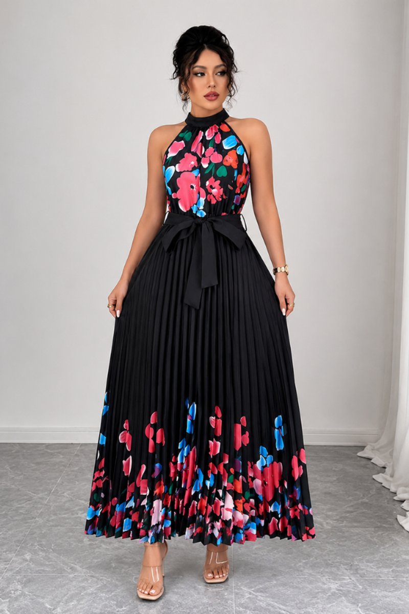 Women's Floral Pleated Halter Evening Gown Maxi Dress - Black