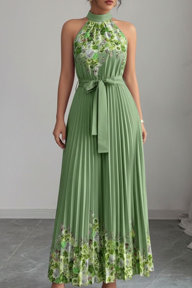 Women's Floral Pleated Halter Evening Gown Maxi Dress - Army Green Bottom Yellow Flower