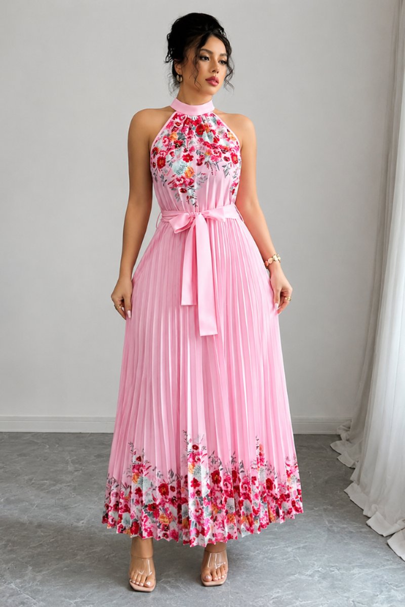 Women's Floral Pleated Halter Evening Gown Maxi Dress