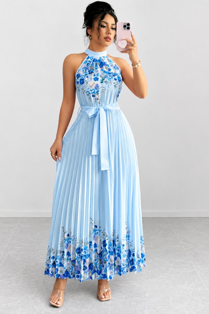 Women's Floral Pleated Halter Evening Gown Maxi Dress - Blue