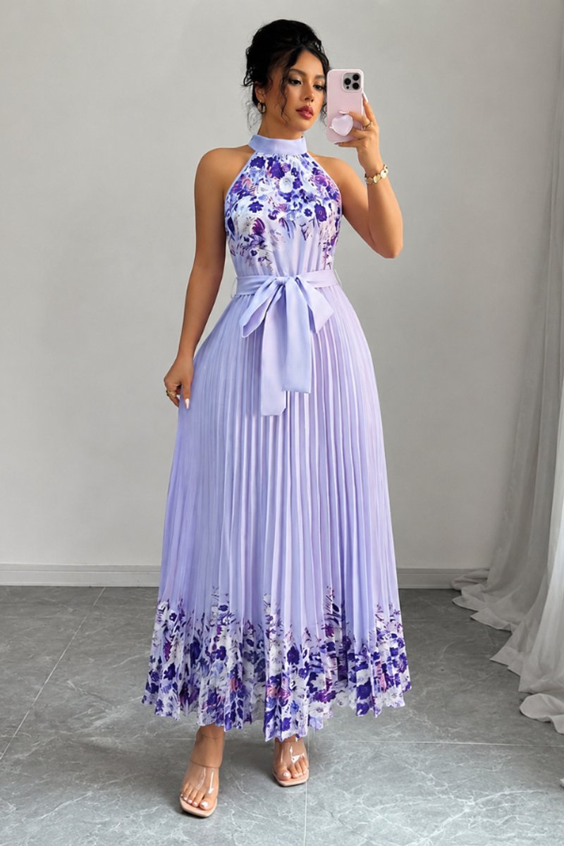 Women's Floral Pleated Halter Evening Gown Maxi Dress - Purple