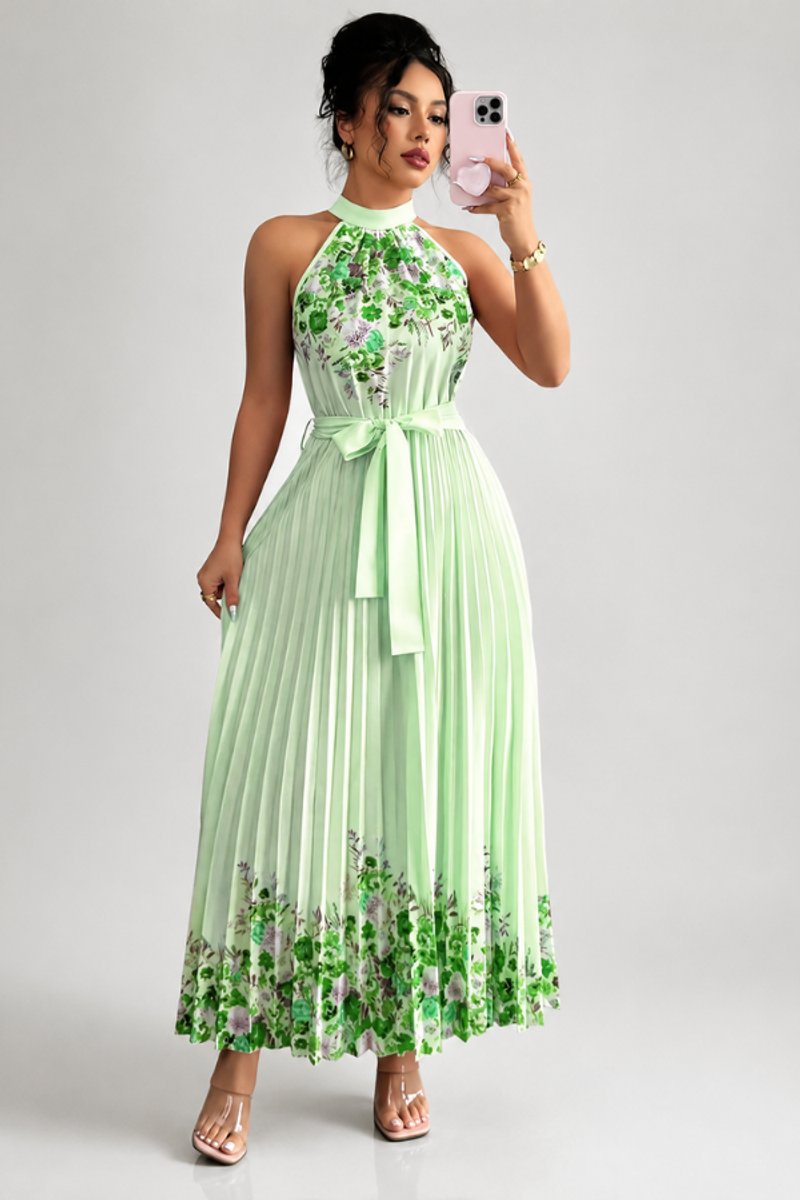 Women's Floral Pleated Halter Evening Gown Maxi Dress - Green