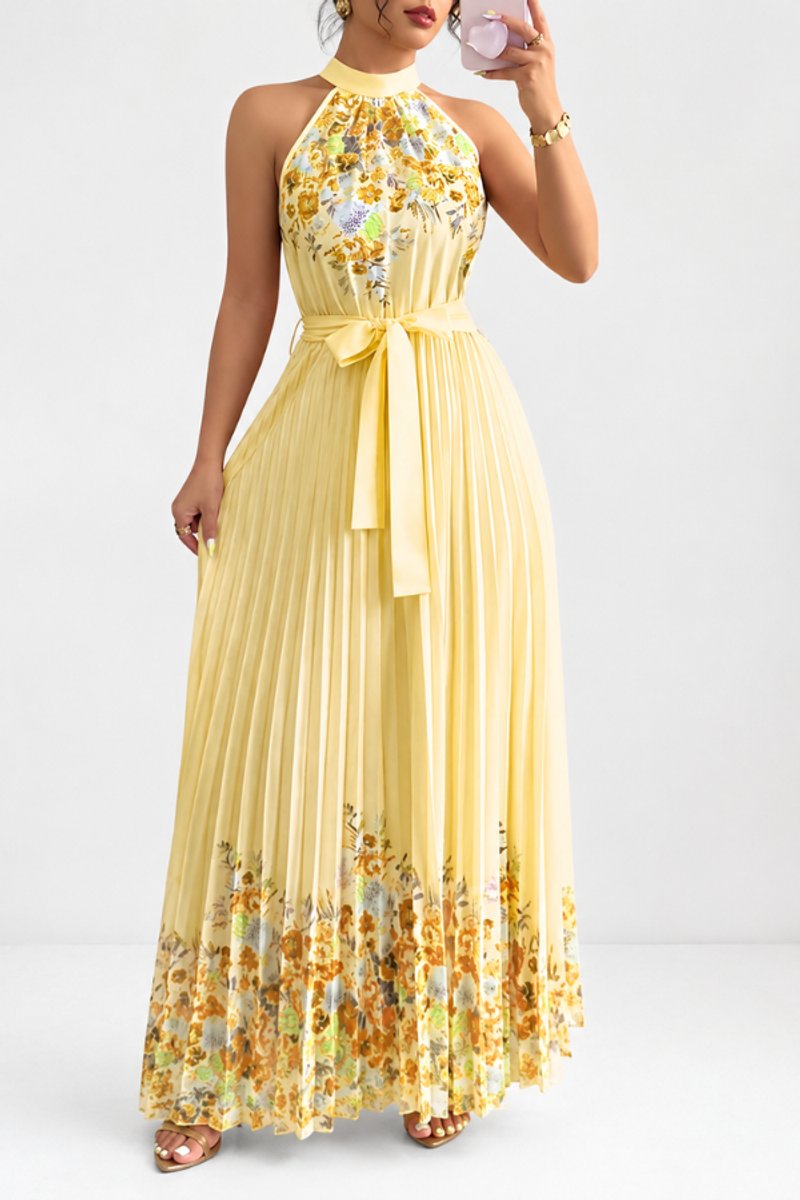 Women's Floral Pleated Halter Evening Gown Maxi Dress - Yellow