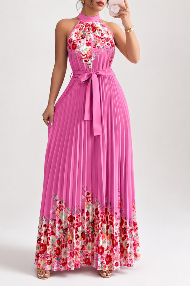 Women's Floral Pleated Halter Evening Gown Maxi Dress - Rose Red