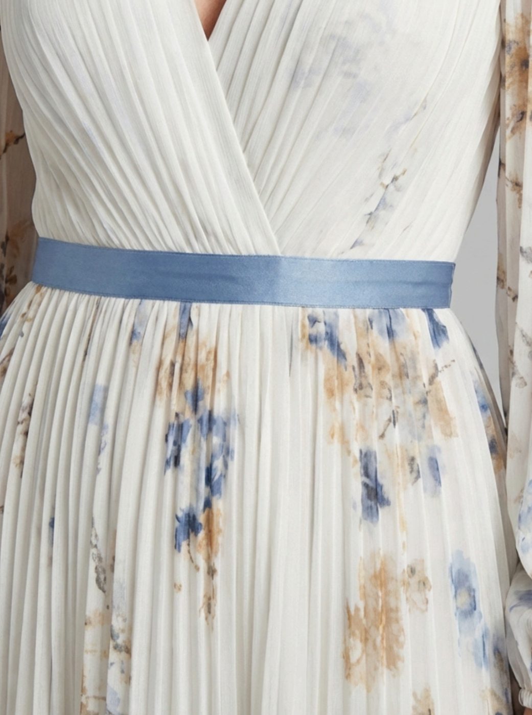 Women's Floral Pleated Long Sleeve V-Neck Maxi Dress
